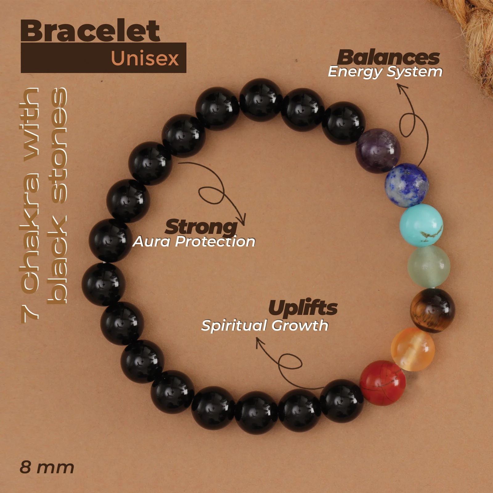 7 Chakra Bracelet with Black Stones - Image 2
